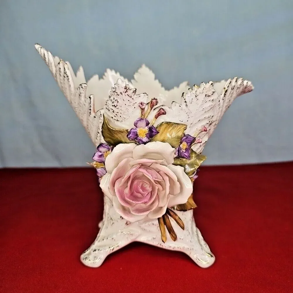 Rose Vase Vee Jackson Pottery Capodimonte Style Leaf Shape 3D Flower VTG Planter